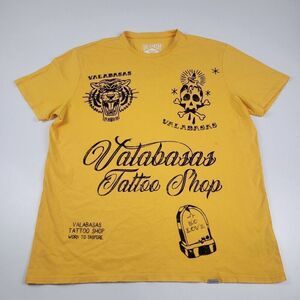 Valabasas Tattoo Shop Distressed‎ Studded Tee T-Shirt Vintage Yellow Size XL Y2K